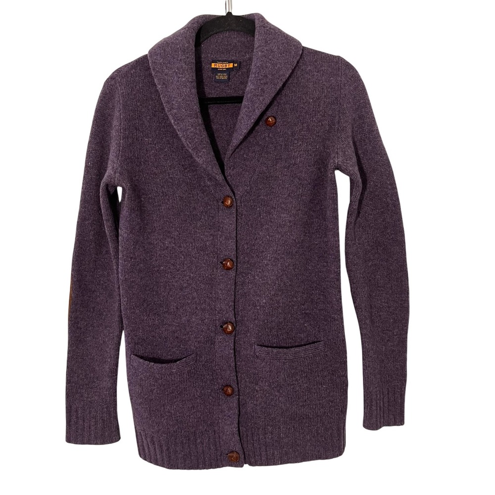 VTG Ralph Lauren Rugby Cardigan Size M Purple 100% Wool Suede Elbow Patch Preppy